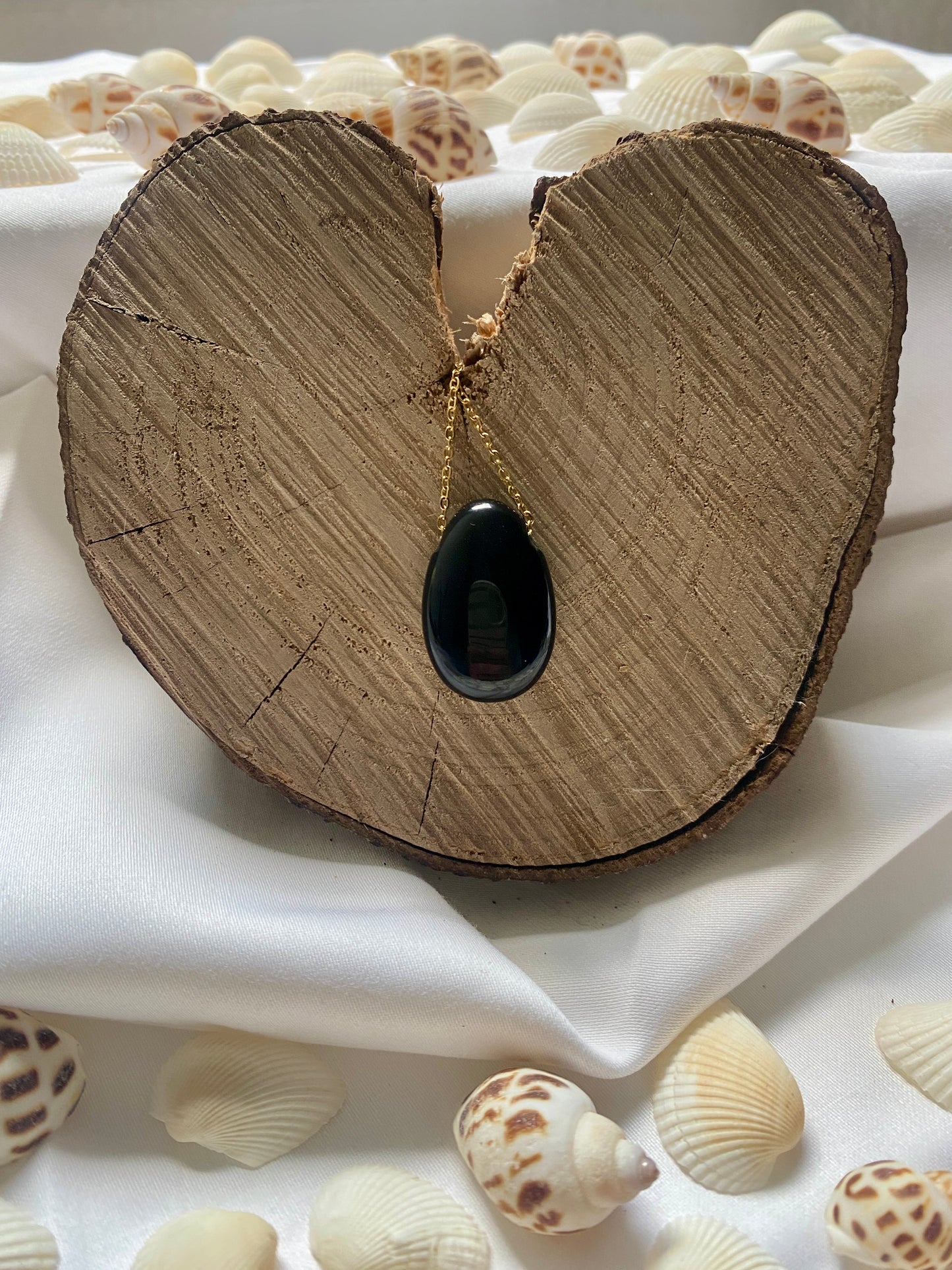 Collier Galet Tourmaline Noire - Acier Inoxydable Doré