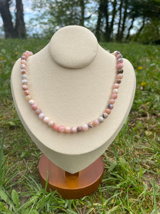 Collier de perles en Opale Rose - Acier Inoxydable