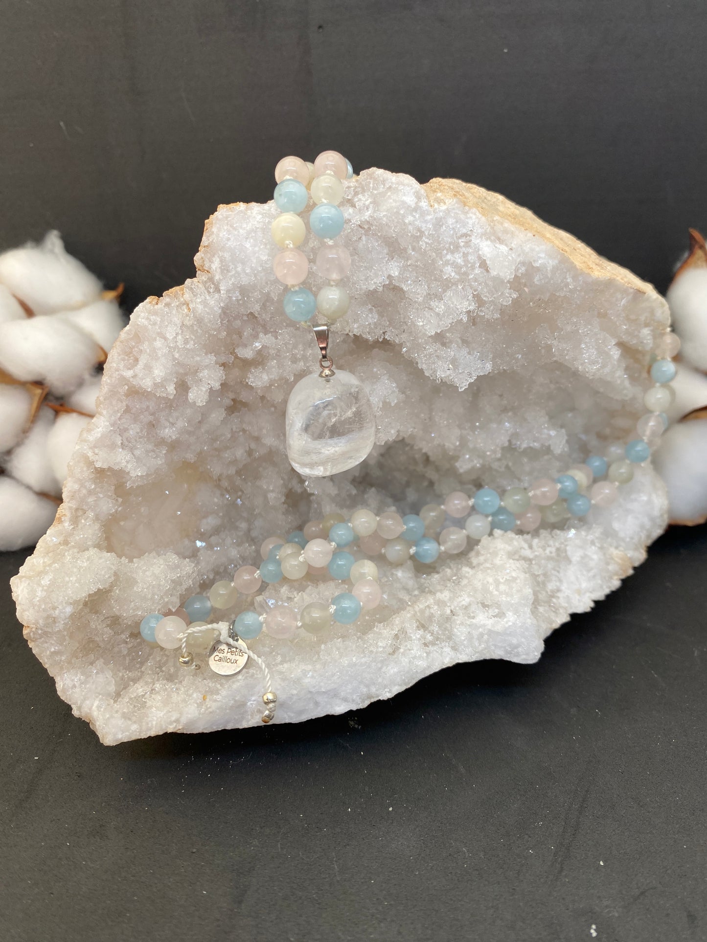 Aquamarine Mala, White Moonstone and Rose Quartz