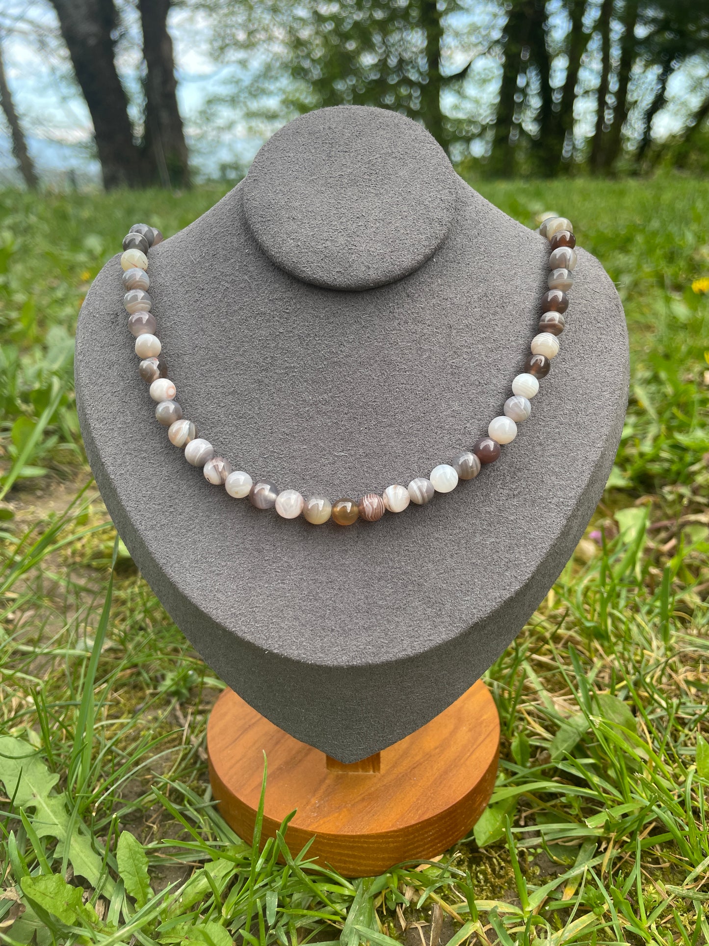 Botswana Agate Beaded Necklace - Golden Stainless Steel