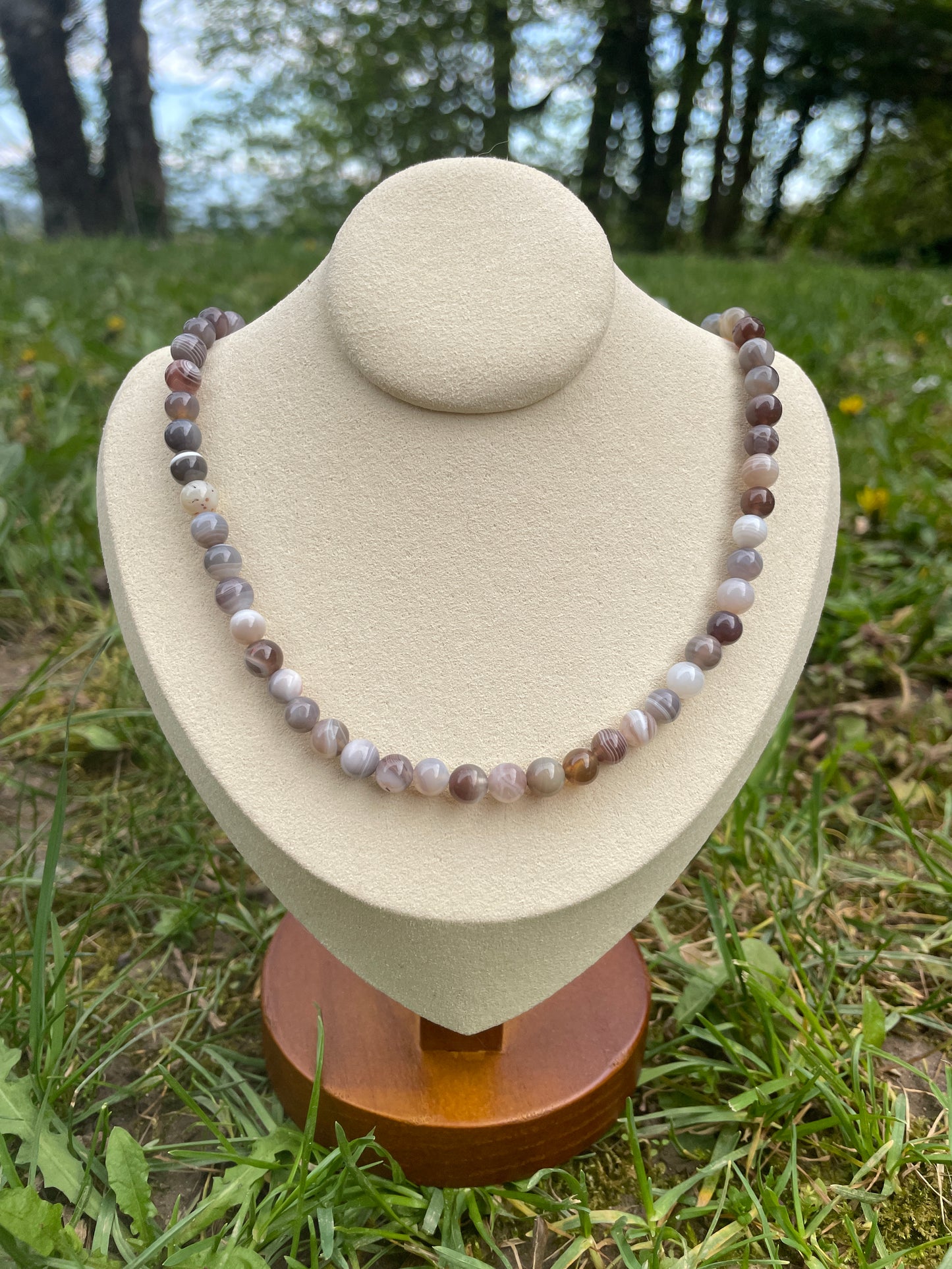 Botswana Agate Beaded Necklace - Golden Stainless Steel