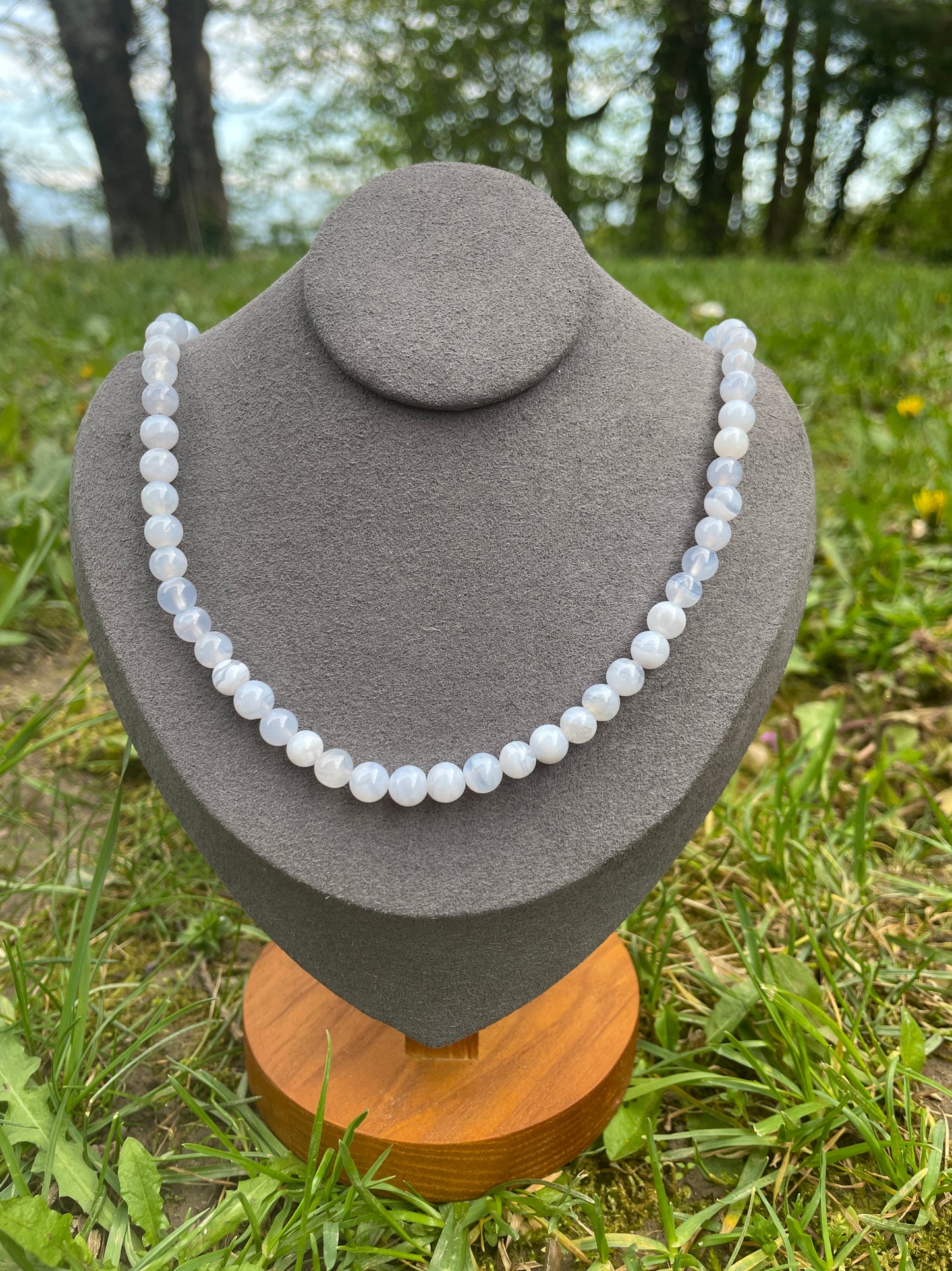 Blue Chalcedony Bead Necklace - Stainless Steel