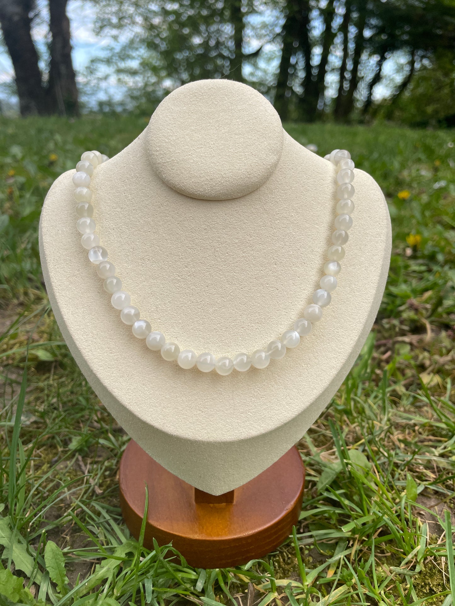 Collier de perles en Pierre de Lune Blanche - Acier Inoxydable Doré