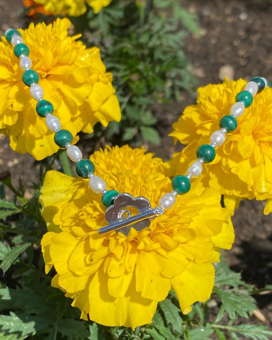 Collier Fleur - Malachite et perles de culture