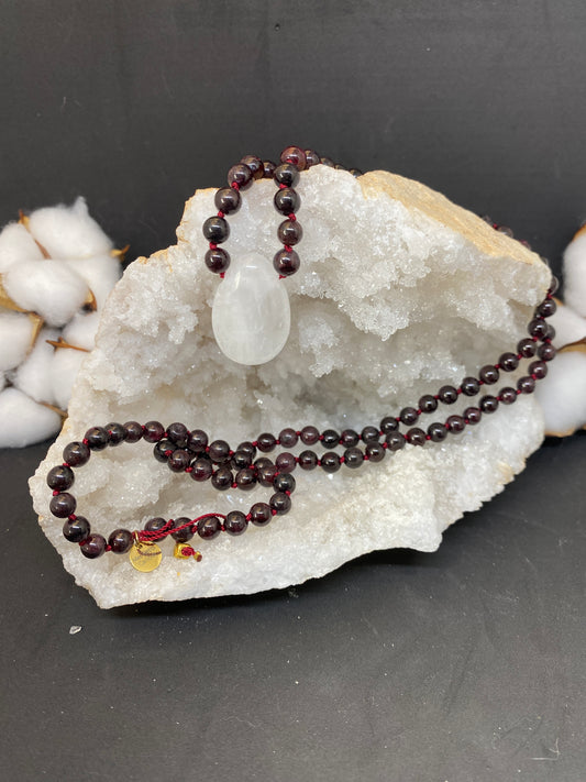 Garnet and Rock Crystal Mala