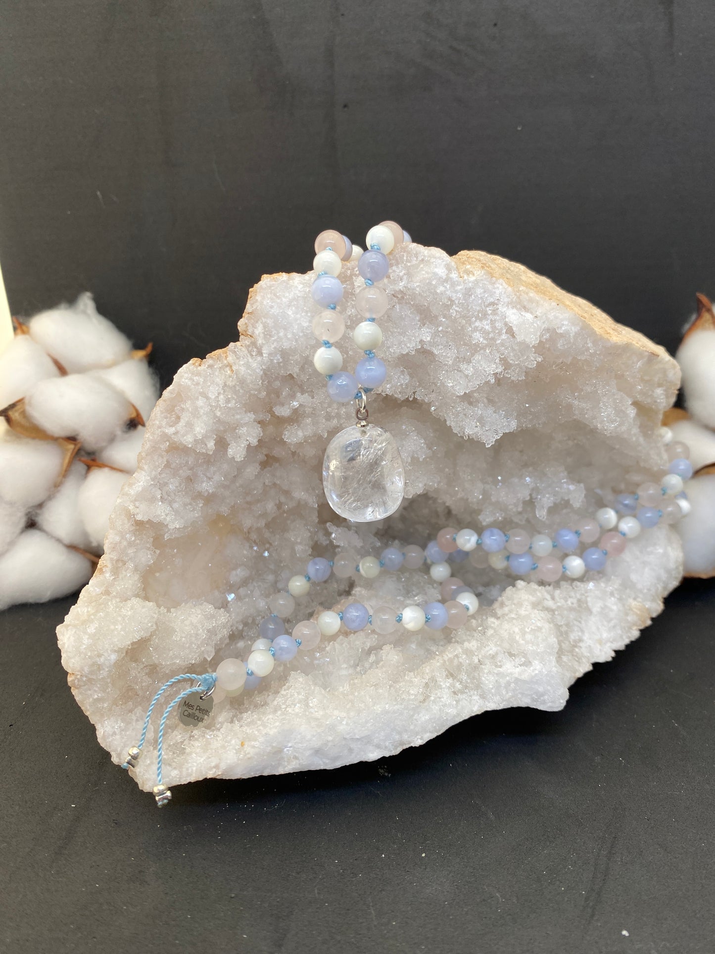 Blue Chalcedony, Mother-of-Pearl, Rose Quartz and Rock Crystal Mala